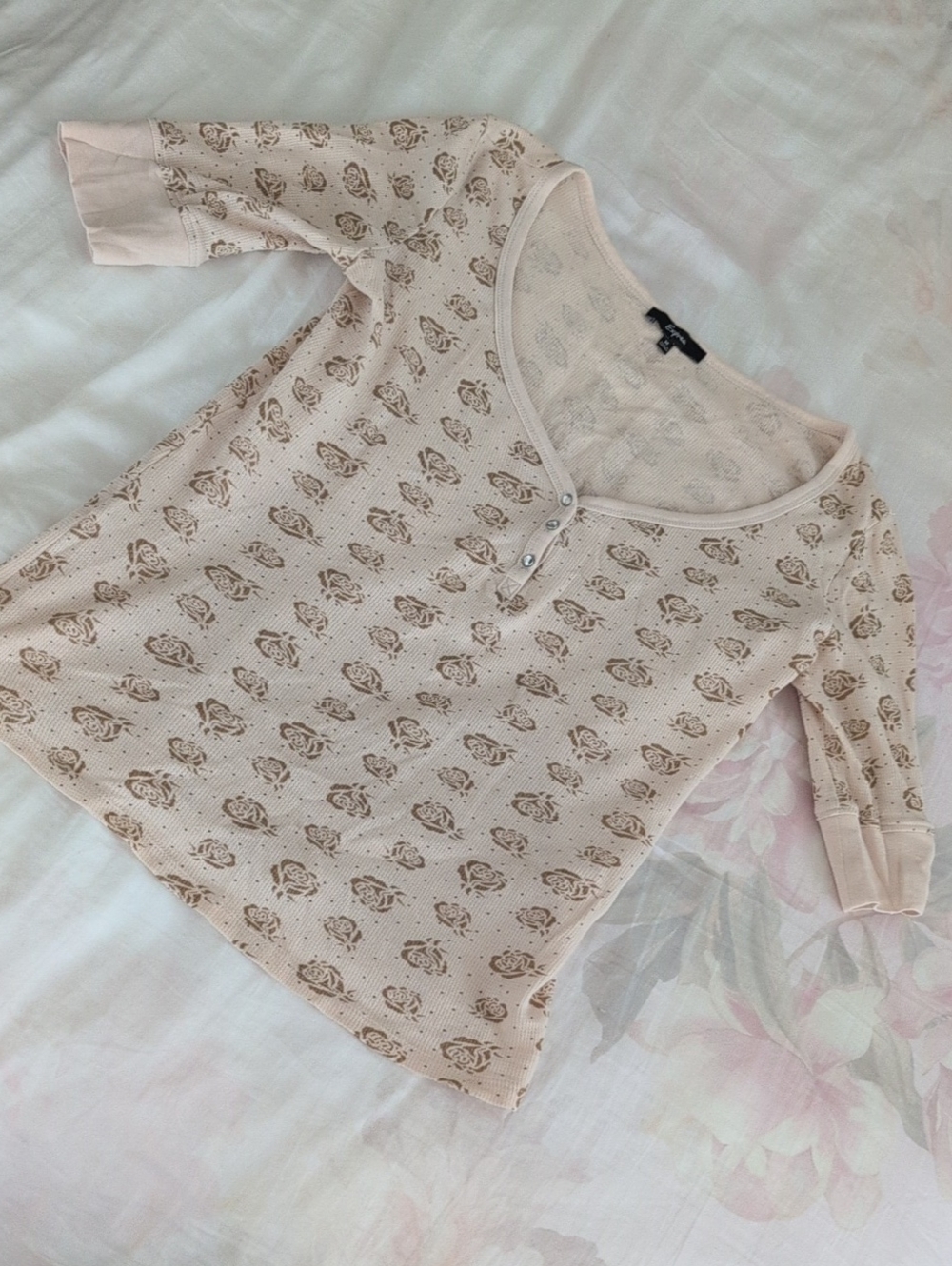 Express Beige Waffle Knit Henley with Floral Motif